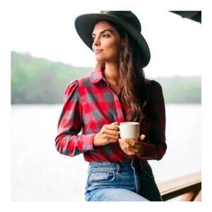 Tuckernuck | Saranac Red Gray Plaid Print Puff Shoulder Button Up Blouse Size S